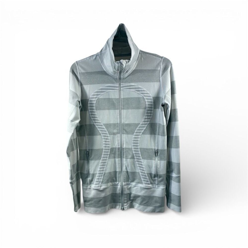 Lululemon Stride Stripped Zip Up Jacket in Light Gray Size 6